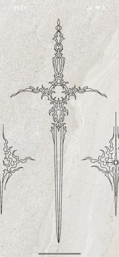 the cross is drawn in black and white with ornate designs on its sides, as well as an ornamental design