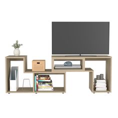 an entertainment center with a television and bookshelf