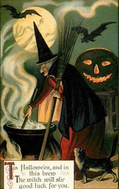 an old fashioned halloween card with a witch cooking