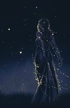 a painting of a woman standing in the grass at night with stars all around her