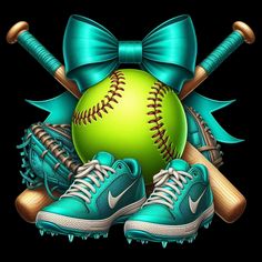 a baseball bat, ball and shoes with a bow on it's head are sitting in front of a black background