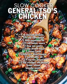 the ingredients for slow cooker general tso's chicken in a crock pot