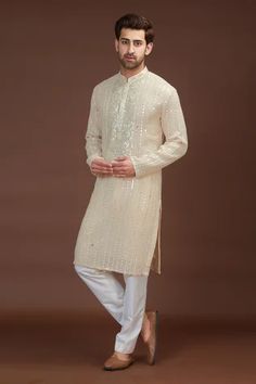 Shop for Kasbah Beige Georgette Hand Mirror Work Kurta for Men Online at Aza Fashions Red Kurta, Kurta Patterns, Men's Ethnic Wear, Classy Outfits Men, Indian Groom, Mirror Work, Hand Mirror, Groom Outfit, Kurta Designs