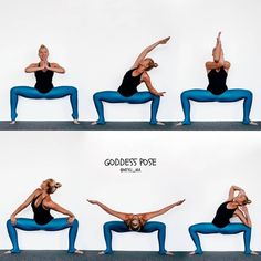 the woman is doing yoga poses on her legs and knees, both in different positions