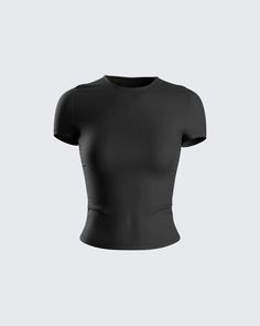 Sleek Scoop Neck Top For Night Out, Black Crew Neck T-shirt For Night Out, Black Crew Neck Top For Night Out, Fitted Black Elastane T-shirt, Fitted Black T-shirt With Scoop Neck, Black High Stretch Crew Neck T-shirt, Sleek Black Bodycon Tops, Sleek Crew Neck Top With Minimal Stretch, Black Scoop Neck Elastane Top