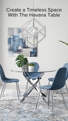 a dining room table with blue chairs and a plant on the top, in front of a white wall that says create a limitless space with the havana table