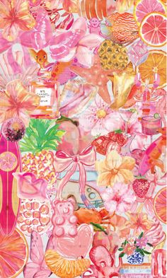 an art work with pink and oranges on the side, including flowers, fruit, and other things