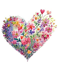 a watercolor painting of a heart shaped arrangement of flowers