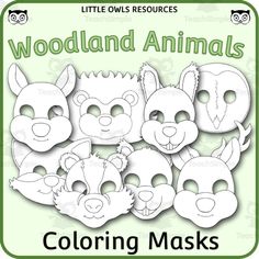 the woodland animals coloring masks are in white and green with black outlines on it