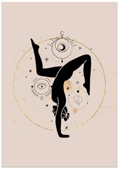 a woman is doing yoga in front of an artistic circle with circles and stars on it