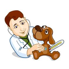 a man in a lab coat holding a dog with a thermometer on it