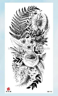 a black and white drawing of flowers with leaves on the bottom half of the image