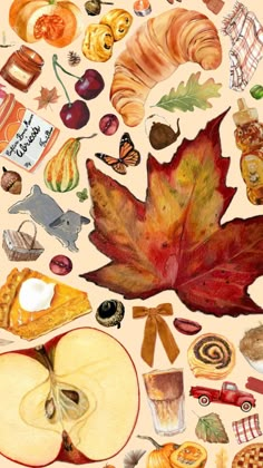 an apple and some other food items are arranged in the shape of a fall leaf