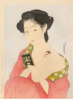 Woman Applying make-up (1918), by Hashiguchi Goyo Woman Applying Makeup, Woodcuts Prints, Japanese Artists