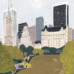 an illustration of a city with tall buildings and people walking in the park on a sunny day