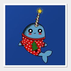 a blue whale with a christmas tree on it's head