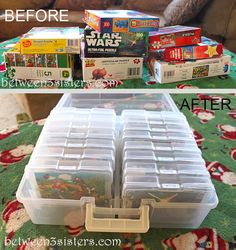 the before and after pictures show how to organize plastic storage containers for kids'toys