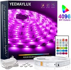 an image of a purple led strip light with remote control and box for the package