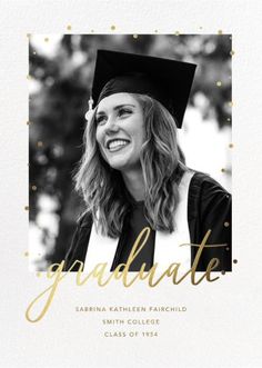 a graduation photo with the words graduate in gold foil on it and a black and white background