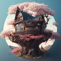 a tree house in the middle of a field with pink flowers on it's roof