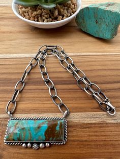 Sterling Silver Stamped and Hallmarked By: Augustine Largo Kingman Turquoise Measures 19" End to End Pendant 1" x 2" Secure Clasp Adjustable chain End To End, Necklace Turquoise, Kingman Turquoise, Bar Necklace, Pendant Earrings, Turquoise Jewelry, Free Giveaway, Belt Buckles, Ring Earrings