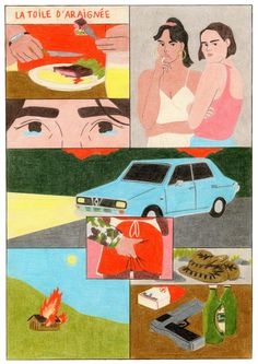 a drawing of people eating and drinking around a campfire with a car in the background