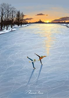 two people skating on an ice rink at sunset