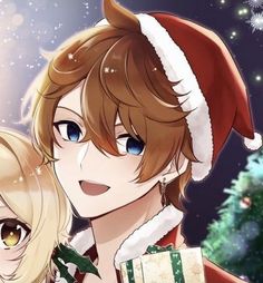 two anime characters dressed up as santa and mrs claus with presents in front of a christmas tree