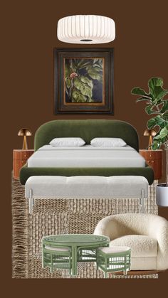 an image of a bedroom setting with green furniture and plants on the wall behind it