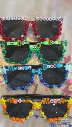 two pairs of sunglasses made out of beads