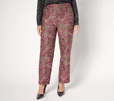 Elevate your wardrobe with these stunning floral brocade pants. A flat-front elasticated waistband and a side zipper make them easy to slip on. Pair them with anything from a blazer and blouse to a cardigan for a look you'll love. From by Stacy London. Brocade Pants, Stacy London, Side Zipper, Slip On, London, Blazer, Zipper, Wardrobe, Floral