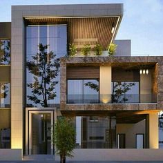 an architectural rendering of a two story building with balconies and plants on the balcony