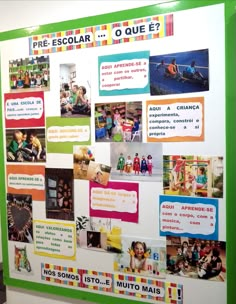 a green and white bulletin board with many pictures on it's side, including children