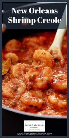 shrimp is being cooked in a skillet with the words new orleans shrimp crocke