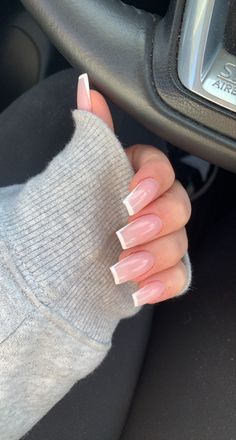 Square Acrylic Nails Summer Colour, Basic But Cute Acrylic Nails, French Nails With One Nail Different, Simple 2023 Nails, Square Neutral Acrylic Nails, Nail Ideas For Prom White, Basic Nail Ideas Acrylic, Cute Nails Square Medium, Nude Nails White Design