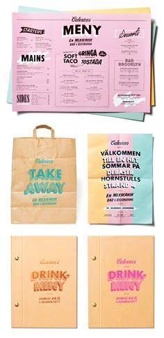 four different types of paper bags with the words drink menus on them, all in different colors