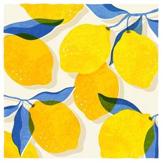 a painting of lemons on a white background with blue and green leafy stems