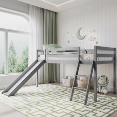 a child's bedroom with a slide and bunk bed in the corner, next to a window