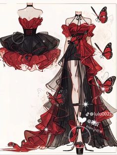 a drawing of a red and black dress with butterflies on it