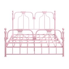 a pink metal bed frame with two posts and headboard, against a white background