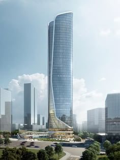 an architectural rendering of a modern skyscraper in the middle of a city with trees and buildings around it