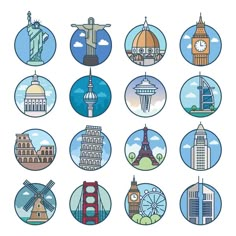 an image of famous places in the world set on white background illustration with flat design style