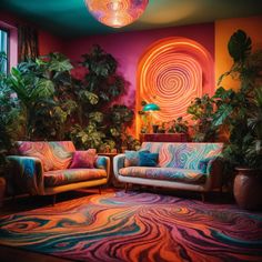 a living room filled with colorful furniture and potted plants on top of a rug