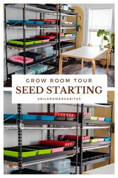 the grow room tour seed starting with lots of shelves filled with files and folders