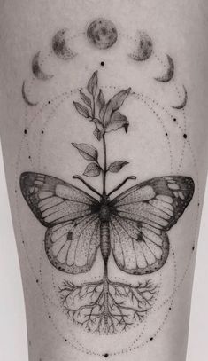 a black and white photo of a butterfly with leaves on it's back leg