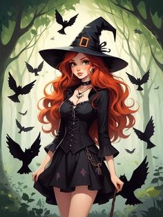 a woman with long red hair wearing a witch costume and holding a broom in her hand