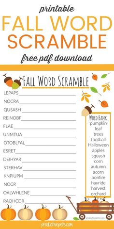 an autumn word scramble with pumpkins and leaves on it, including the words fall