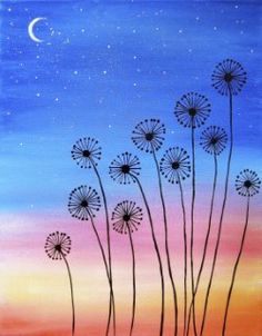 a painting of dandelions with the moon in the background