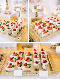 the desserts are ready to be eaten on the table at the wedding reception, including strawberries and cupcakes