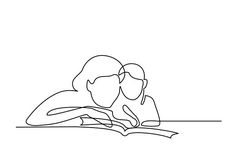 one continuous line drawing of two people reading a book, the woman is laying down on her stomach